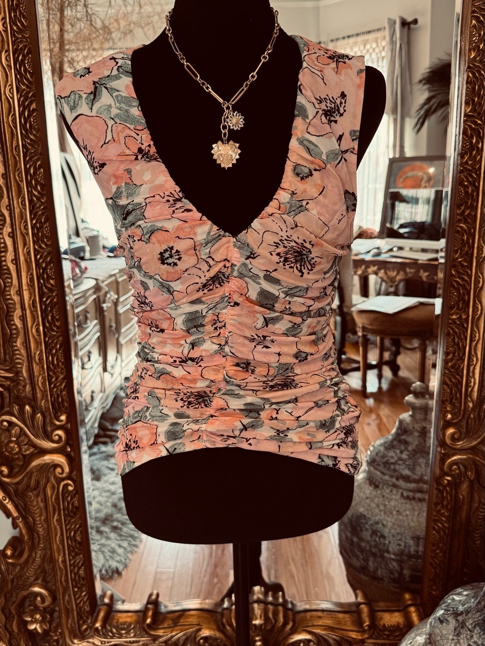 a new day Pink Floral Ruched V-Neck Sleeveless Top
